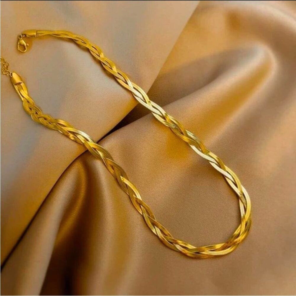 Gold Braided Herringbone Chain Necklace
